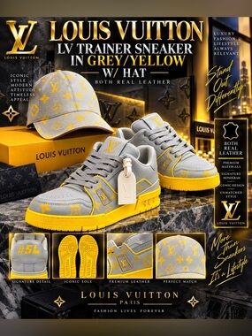 🔥Louis Vuitton LV Trainer sneakers in Yellow/Grey Color. W/Hat. Both Leather!🔥